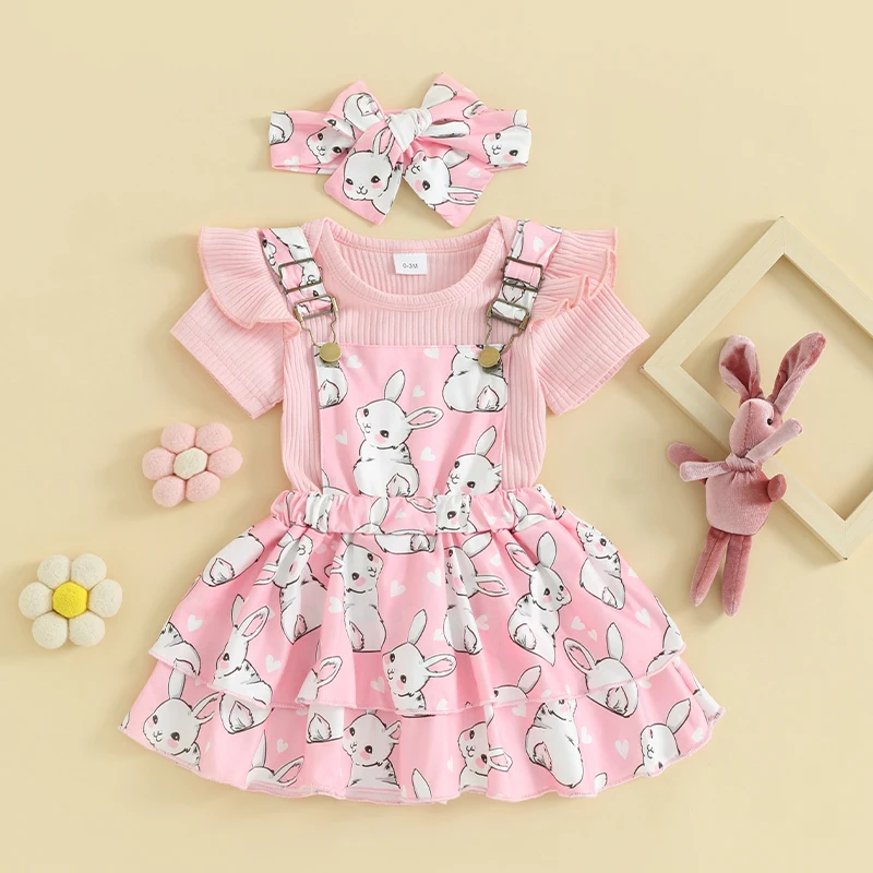 Conjunto de Roupas Romper de Manga Curta Baby Girl, Saia Suspender com Headband, Outwear Infantil, Roupas de Páscoa, 3 peças