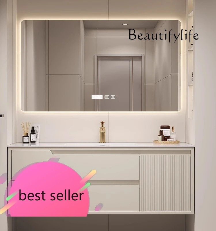 

NEW Light luxury oak rock slab integrated seamless ceramic basin bathroom cabinet combined toilet wash basin