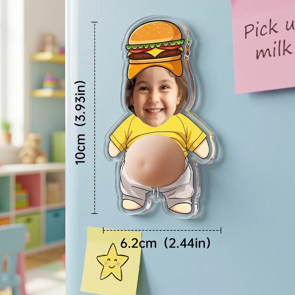 Personalized Kids Fast Food Photo Fridge Magnet,Burger Fries Hat Design, Funny Belly Stress Relief Refrigerator Decor,