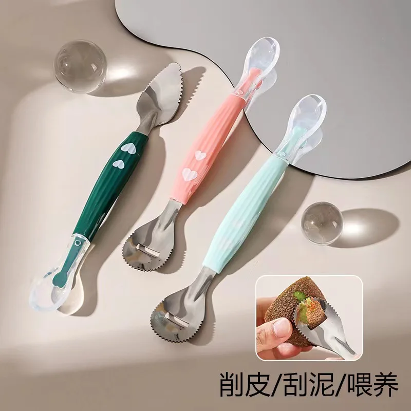 

Three Uses Double Head Spoon Peel Fruit Baby Complementary Spoon Dredging Spoon Silicone Soft Spoon Baby Feeding Device