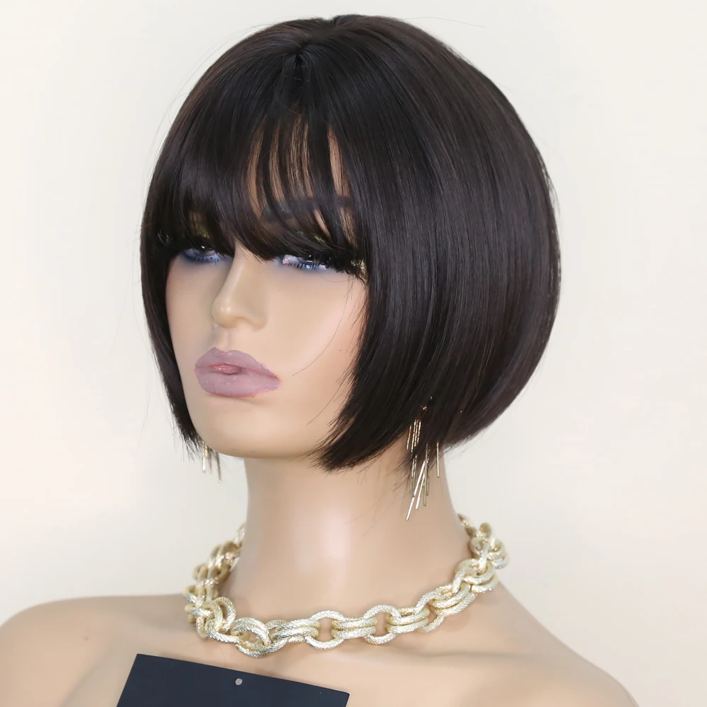 Synthetic Mechanism  Brown-Black Color Short Straight Hair With Bangs Wigs For Women Daily/Party/Cosplay High Temperature Fiber