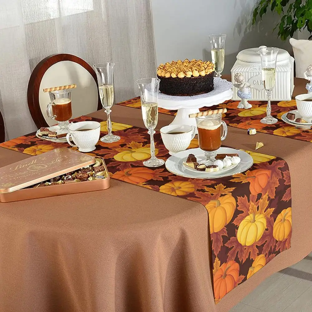 Halloween Table Cloth Decoration Fall Pumpkin Maple Leaf Pattern Table Runner Thanksgiving Dining Table Flag for Home Restaurant