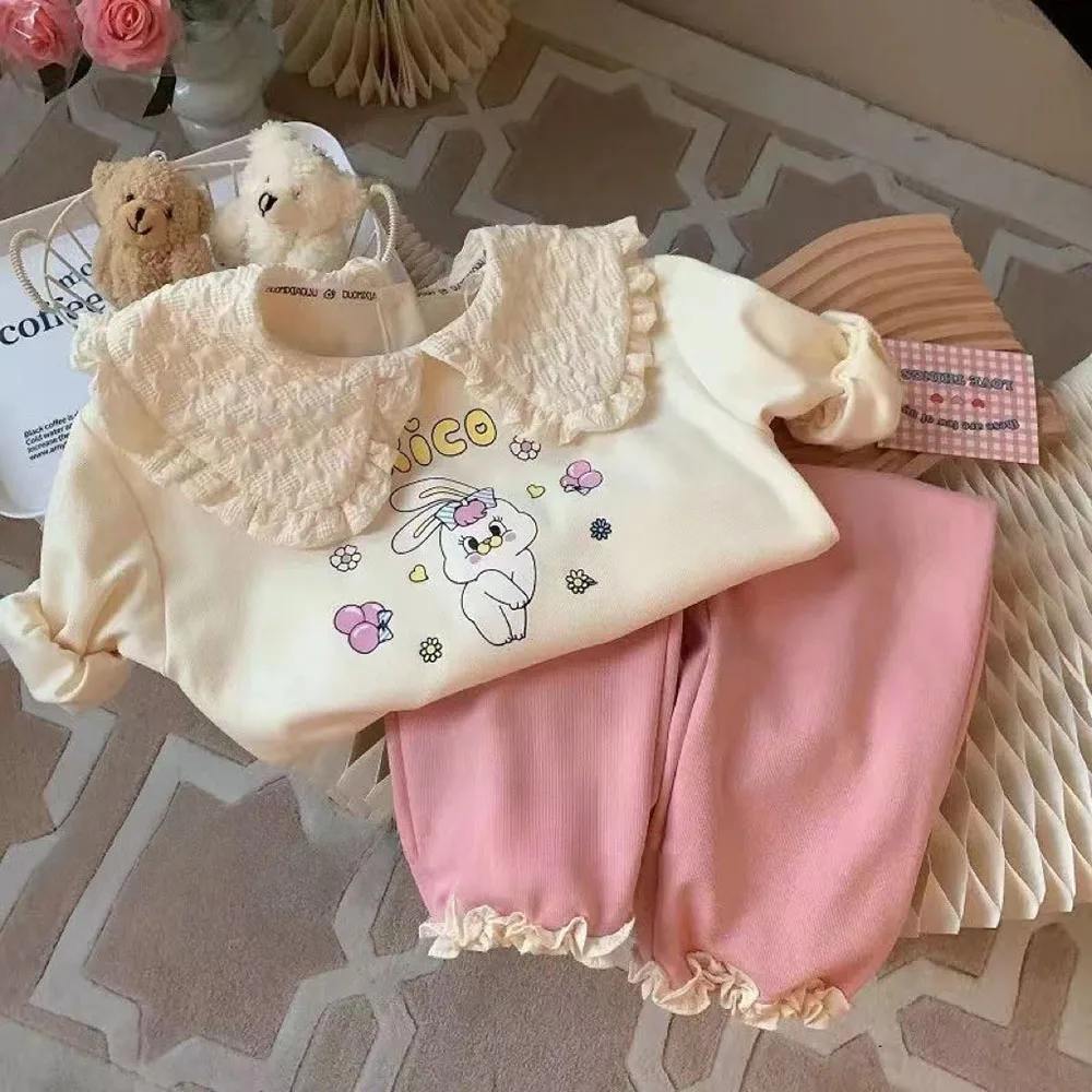 Conjuntos de ropa de moda para niños y niñas, sudadera con conejos de dibujos animados, Jersey, Tops y pantalones, 2 piezas, primavera y otoño,