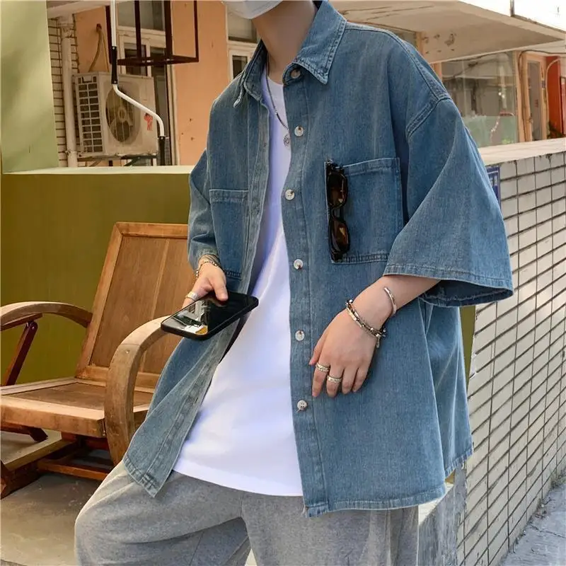 Summer Denim Short Sleeved Shirts For Men Thin Seven Quarter Fashion Loose Fitting Shirt