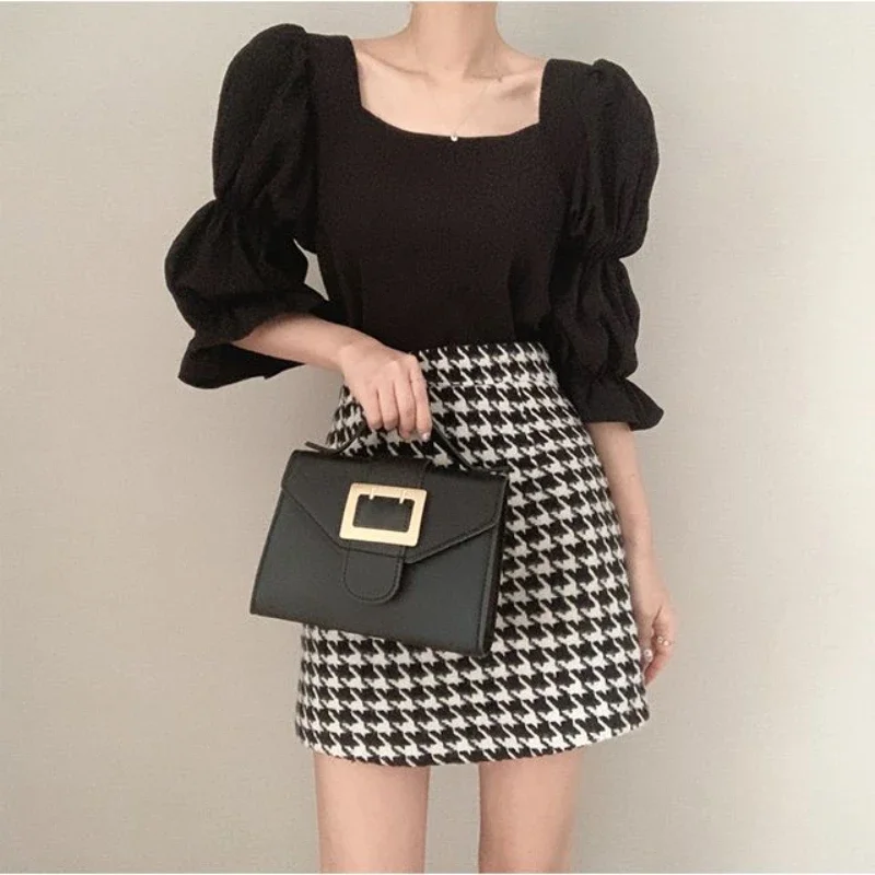 Blouses Women Solid Square Collar Puff Sleeve Elegant Ulzzang Ladies Slim Summer Clothes Breathable Popular Design Streetwear