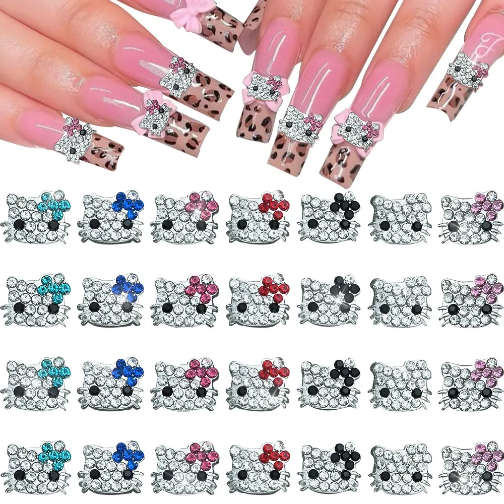 

35Pcs 3D Crystal Diamond Hello Kitty Nail Art Charms Pink/Blue/Red Mixed Alloy Kitty Rhinestone Jewelry Luxury KT Cat Nail Parts