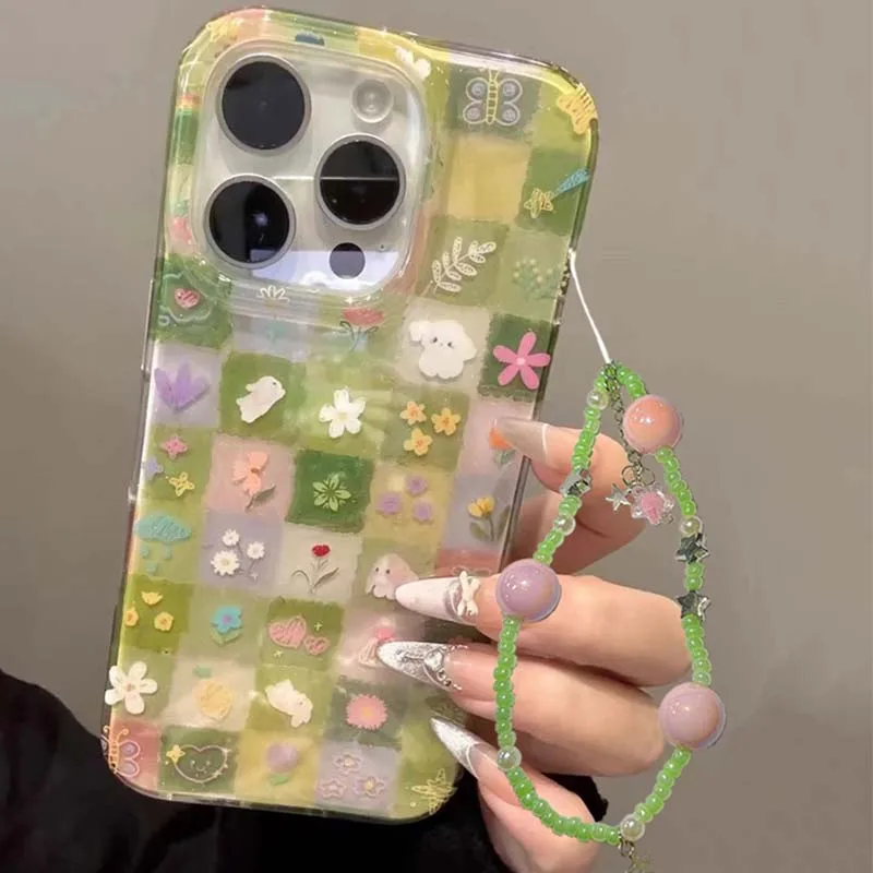 Capa de telefone de coelho flor quebrada padrão de grade de grama verde IND com corrente para iPhone 11 12 13 14 15 16 17 Pro Max