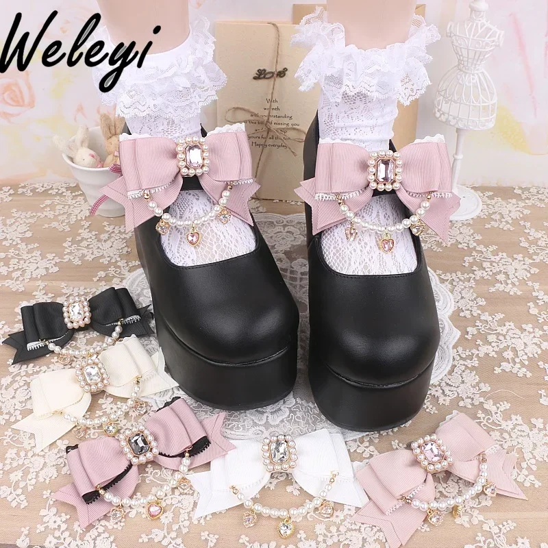 Jirai Kei Style Mine Lace Splicing Bow Shoes Accessories Sweet Beaded Love Rhinestone Pendant Shoe Clip Handmade Shoes Buckle