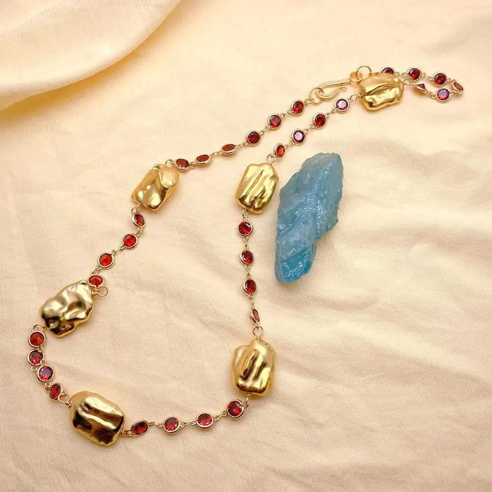 

YYGEM 15x22mm Freshwater Rectangle Pearl Gold Plated 7mm Orange Crystal Rosary Chain Long Necklace 24"