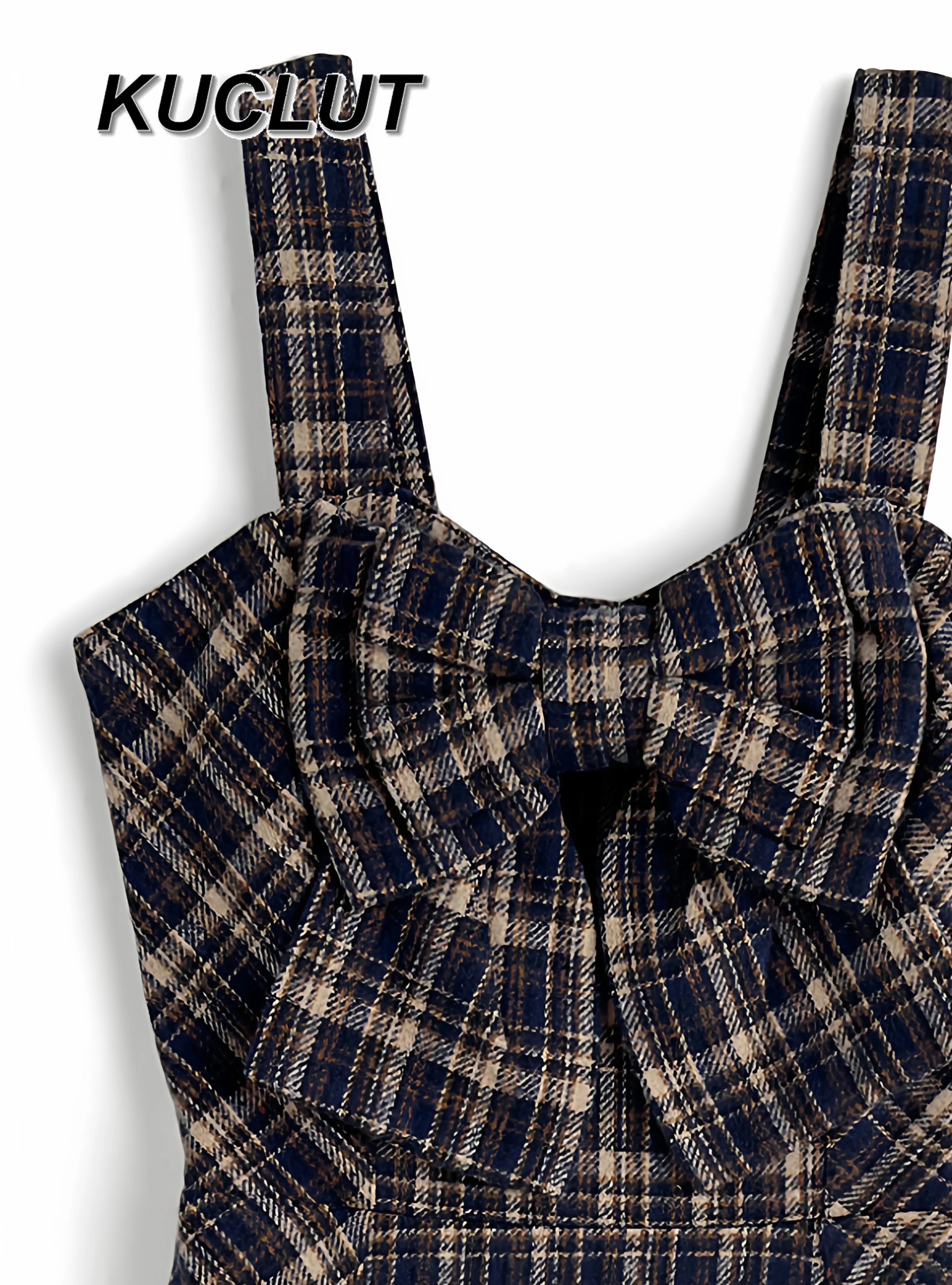 新しい和風スイートガールショートドレス多用途ボウワイドショルダーストラップカラーブロックチェック柄ノースリーブカジュアルドレス