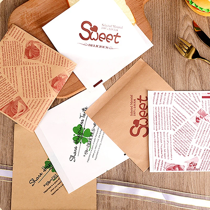 100Pcs Kraft Paper Sandwich Paper Wrap Disposable Food Packing Paper Triangle Shape Oil-Proof Doughnut Packing Bag Baking Tools