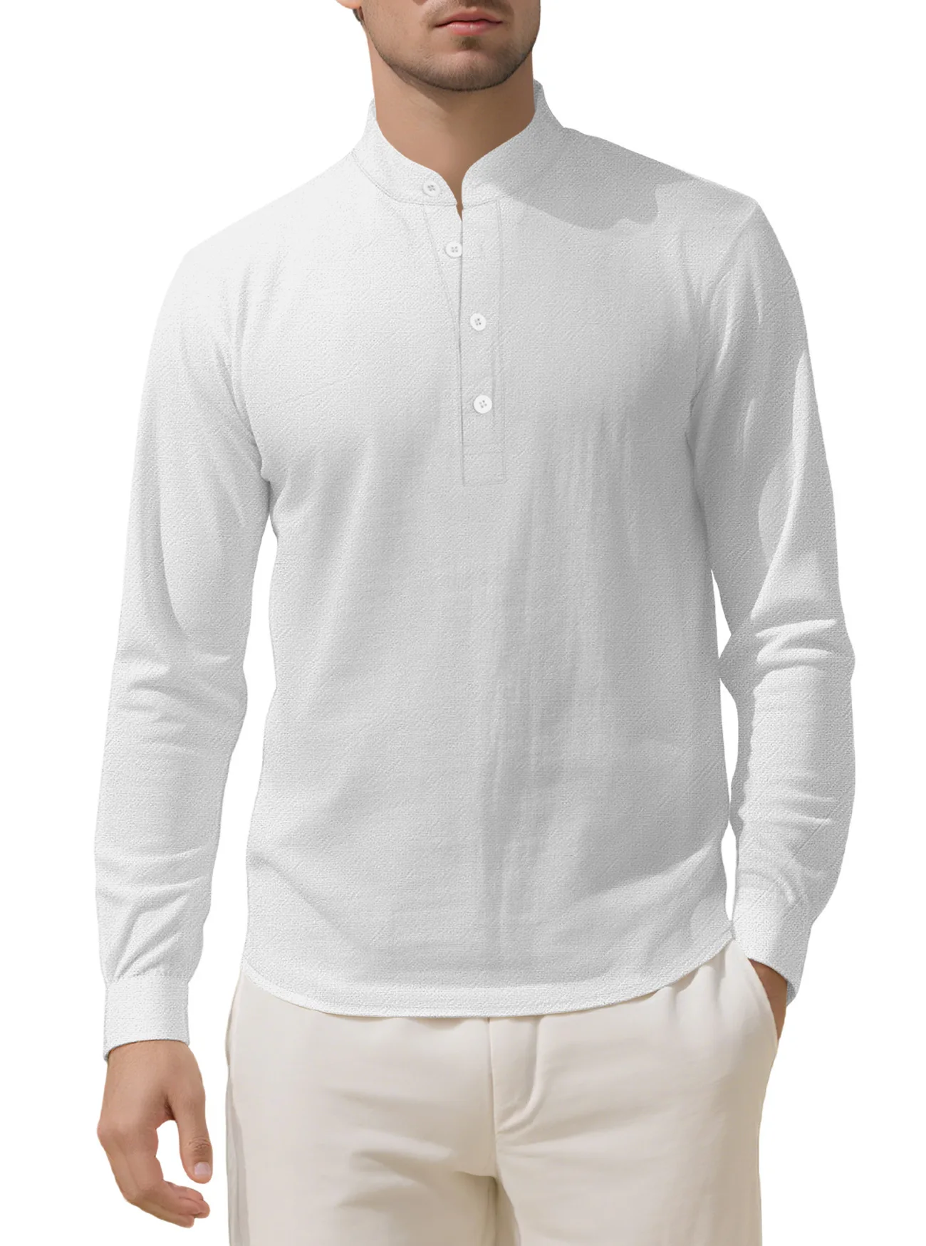 

Men's long sleeved Henry shirt Cotton and linen Stand up button lightweight breathable T-shirt fashion men's wear Hot sale