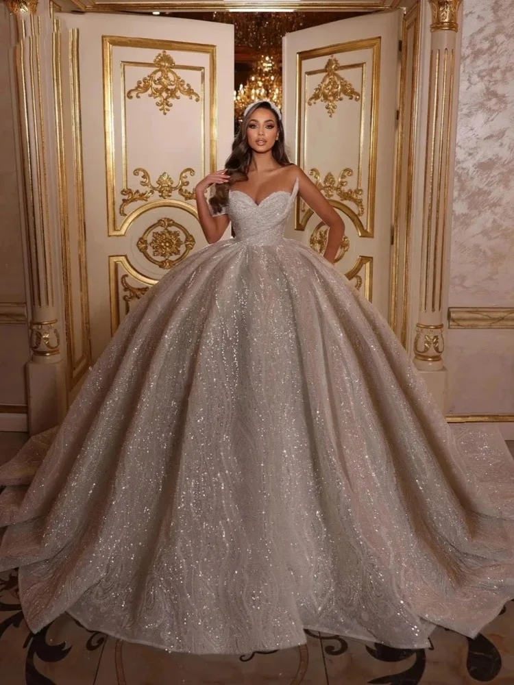 Customized Pearls Ball Gown With Veil Sequins Beaded Sweetheart Neck Wedding Dress Lace Sweep Train Bridal Dresses