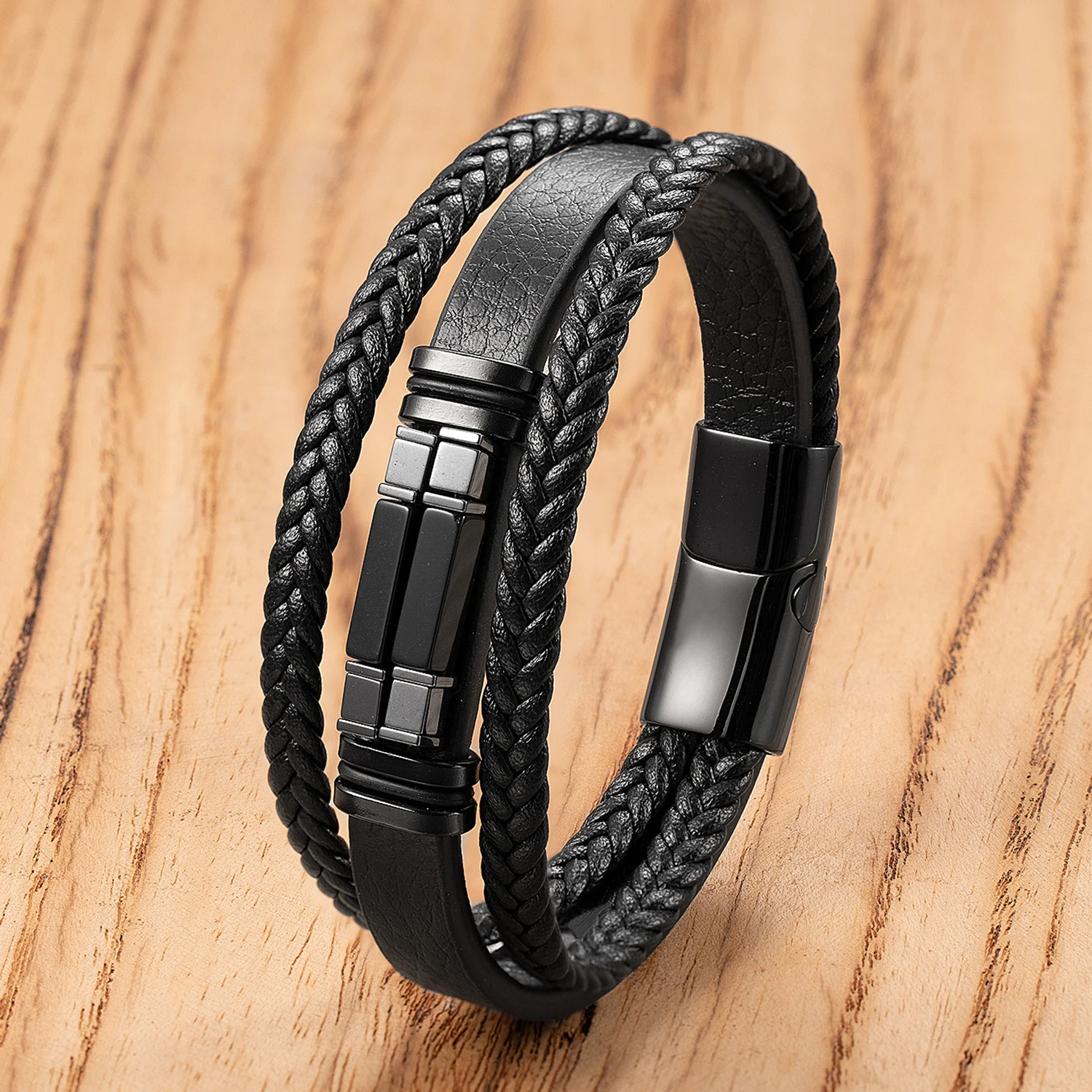 High Quality Accessories Bracelet Men\'s Fashion Gift Black Genuine Leather Bracelets Stone Combination Wild Handsome Gift