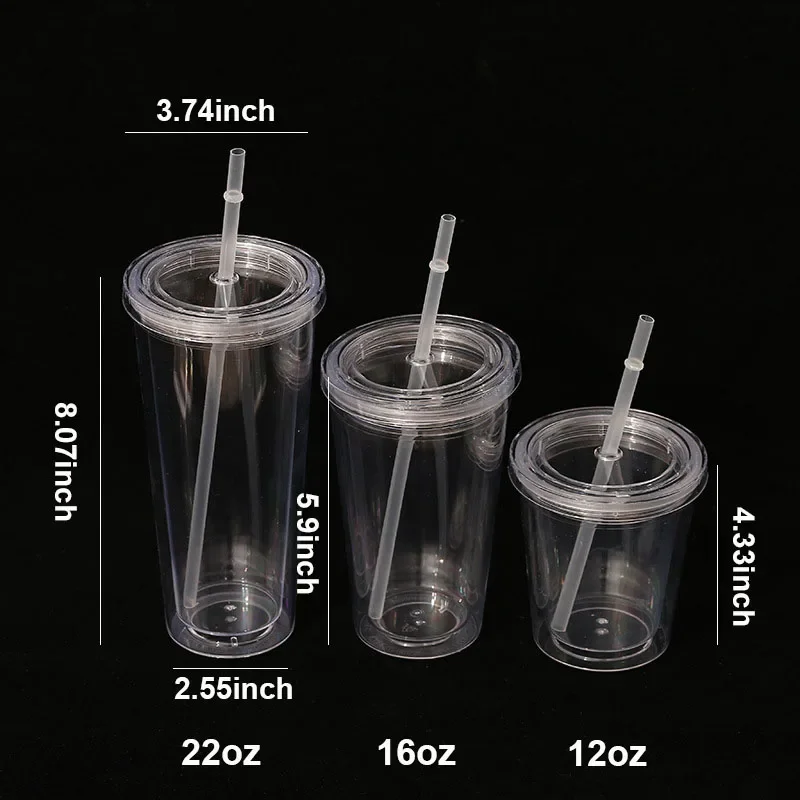 12oz/16oz Reusable Water Bottles Straw Cup Double-layer Insulate Clear Plastic Tumblers With Straw And Round Cover Lid 6pcs/set