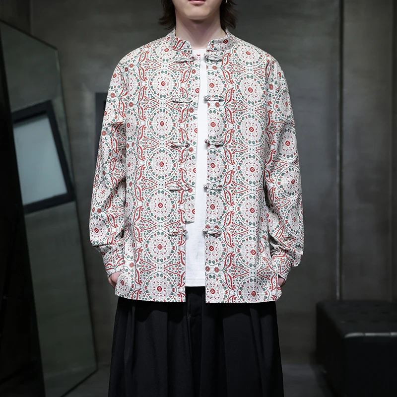 

Faionable New Chinese Sle Long Sve Cotton irt Этнический цветок Hanfu Большой размер Модная мужская весенне-осенняя повседневная одежда