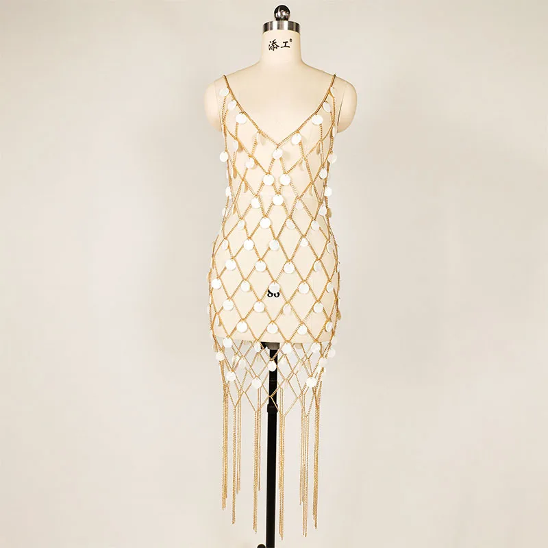 V-neck Mini Dress with Metal Chain, Imitation Pearl Bodychain, Big Fishing, Tessle Bottom, Luxury