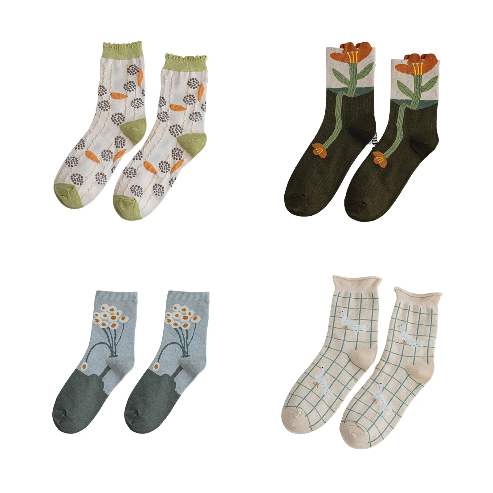 

Women Spring Cotton Crew Socks Vintage Floral Print Bubble Ruffled Trim Hosiery