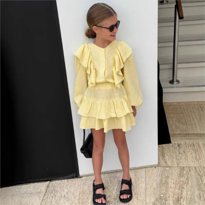 Fashion Baby Girl Clothes Set Fly Sleeve Shirt+Layered Skirt 2PCS Infant Toddler Child Solid Suit Summer Baby Clothes 18M-10Y