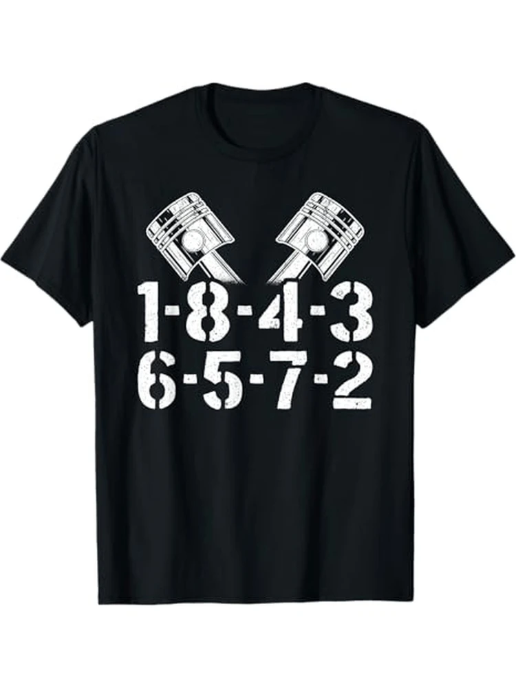 V8 Engine Firing Order Graphic-1-8-4-3-6-5-7-2 Numbered Pistons Design,100%Cotton Short Sleeve Round Neck Casual Printed Tee.