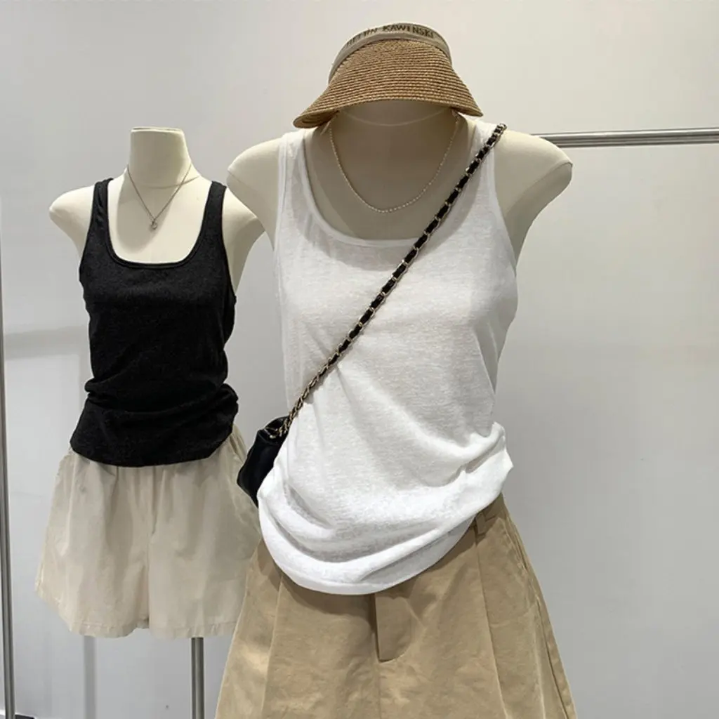 

Women's Thin Linen U-Neck Vest Snowflake Pattern Sleeveless Top for Summer Side Breast Coverage I-Shaped Sling