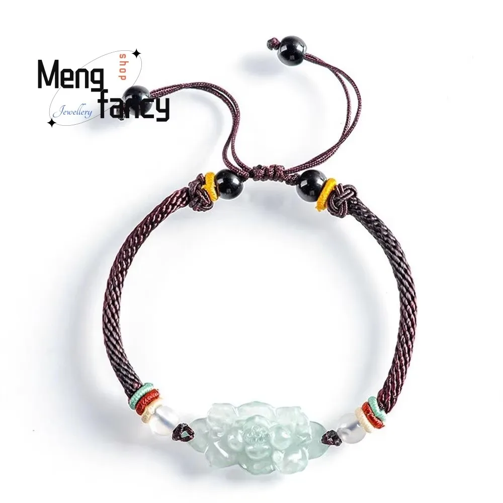 

Original Natural Myanmar A-goods Jadeite Lotus Bracelet Hand-Woven Couple Personalized Fashion Jewelry Best Selling Holiday Gift