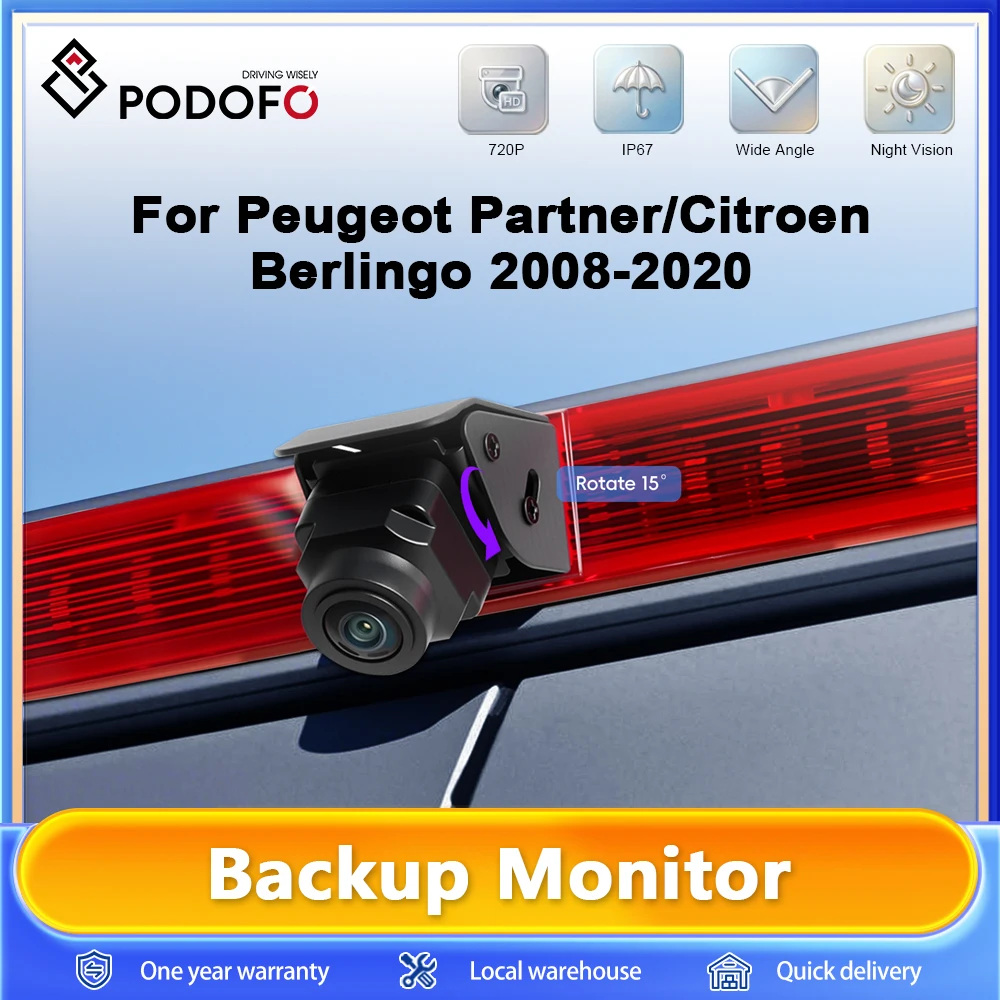 Caméra de recul Podofo pour Peugeot Partner 2008-2020 / Citroën Berlingo 2008-2020, vision nocturne, intégrée au feu stop