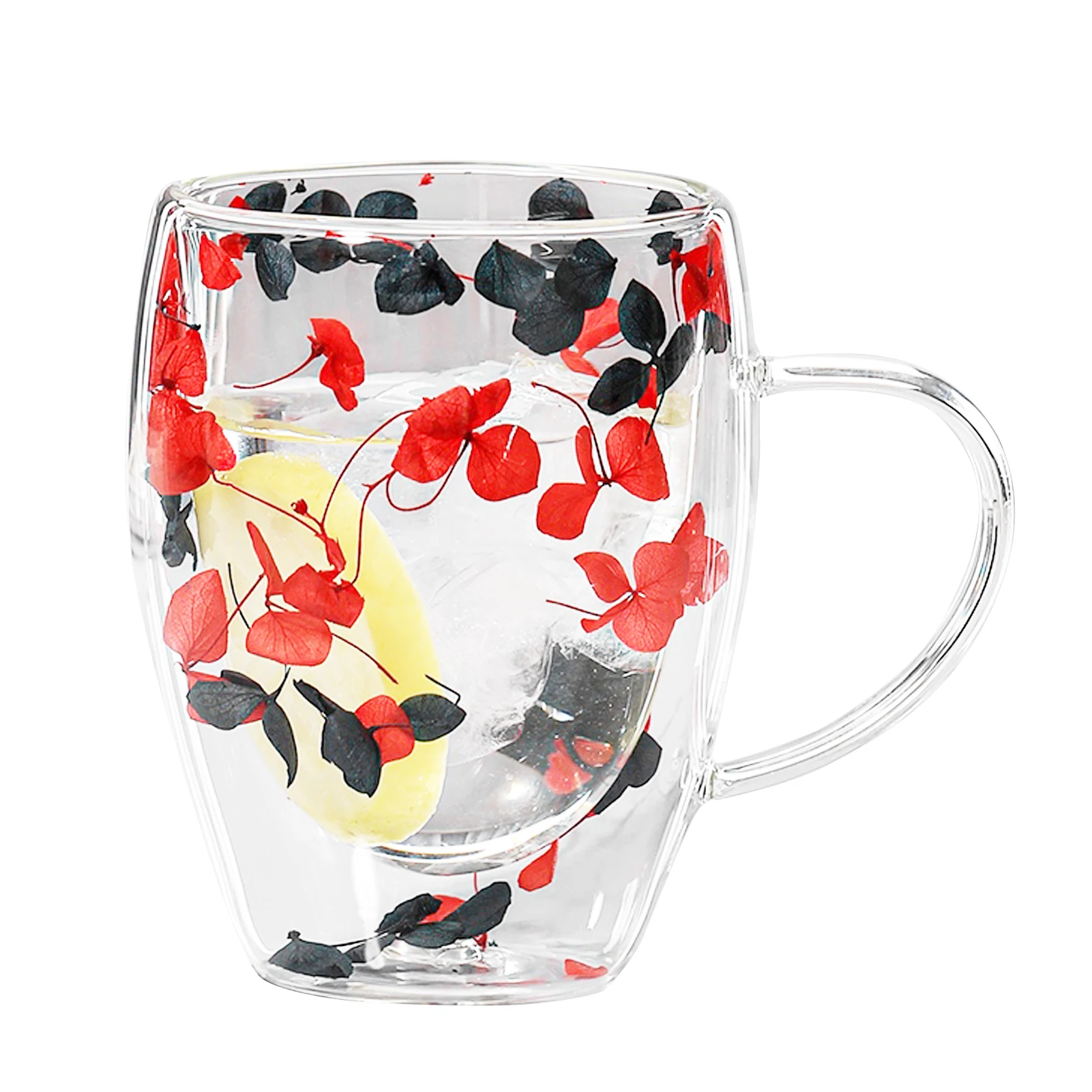 Double Walled Glass Coffee Mugs 350ml Clear Double-Layered Dried Flower Cups Flower Mugs with Handle Heat Resistant Aesthetic