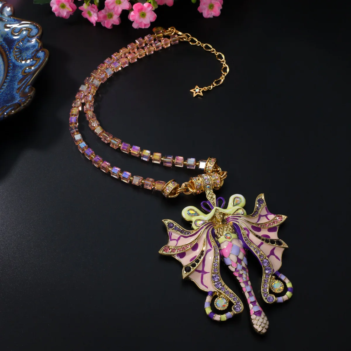 Medieval vintage necklace pink purple handmade enamel Czech diamond magnetic necklace butterfly fairy medieval necklace