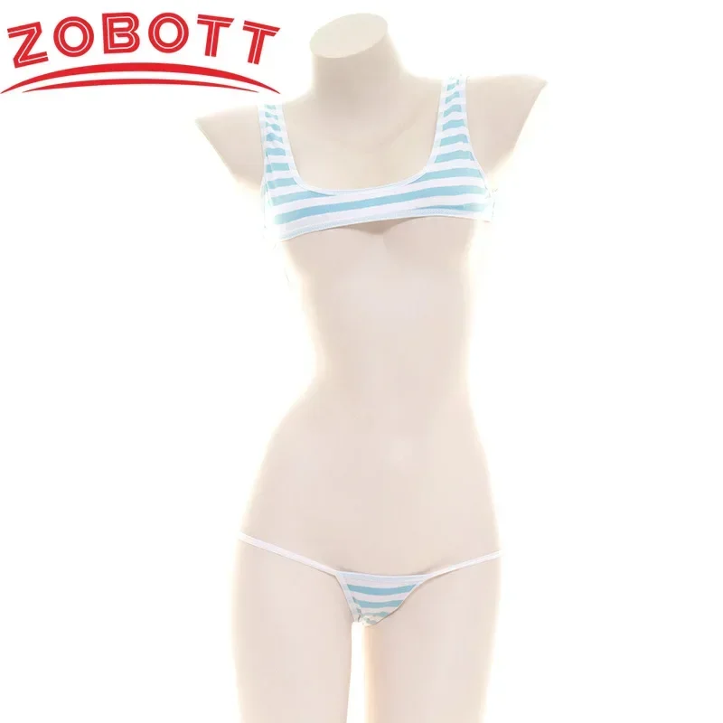 Bikini a rayas azules y blancas, traje de baño, ropa interior para vacaciones, tejido de poliéster de elasticidad moderada diaria, longitud Regular