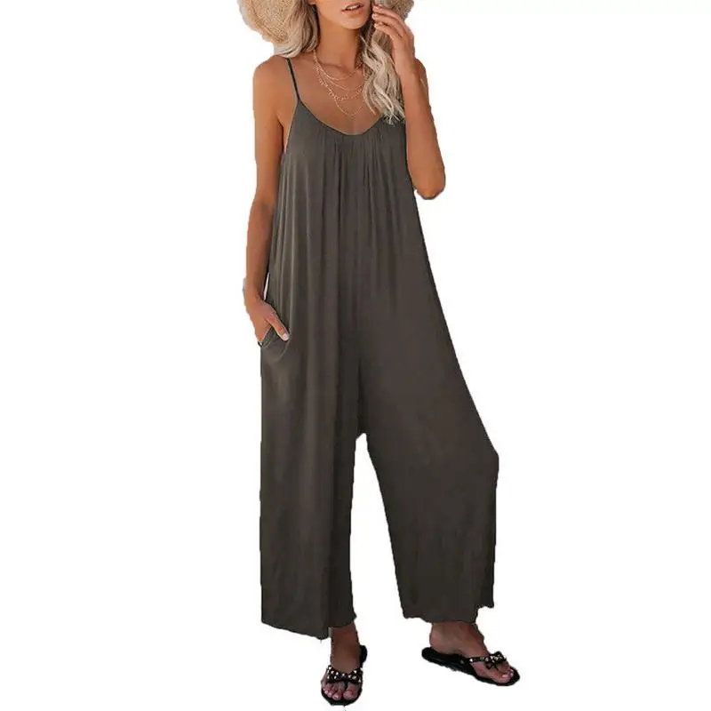 Summer New Women's One-Piece Rer Casual Pure Color ket Design Strap Suit Long Pants Polyester Fiber Faion Set