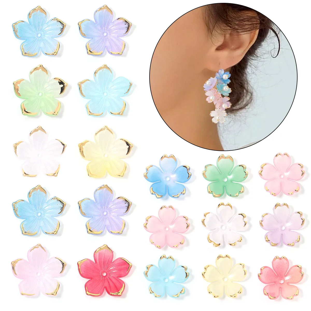 50Pcs Resin Petal Beads Color Gold Edge Acrylic Flower Charm Bead for DIY Earring Bracelet Necklace Jewelry Making Accessories