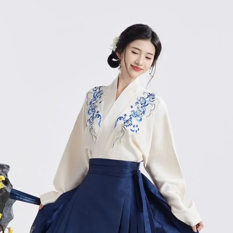 3 Color Song Dynasty Original Flower Cluster Cross Collar Embroidered Machine Sleeved Hanfu Top for Women Autumn Fashion Top