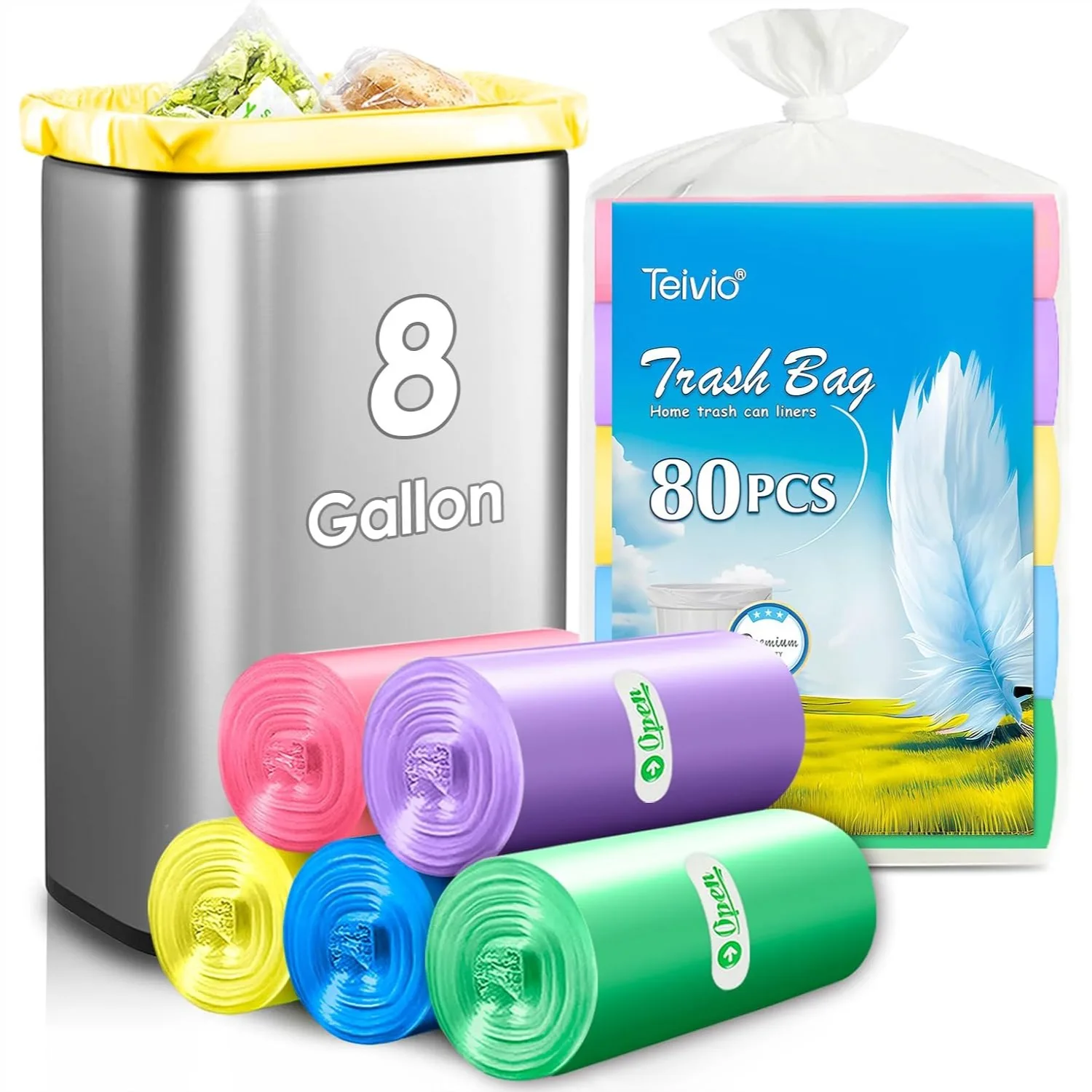 Bolsas de Basura Transparentes Medianas de 8 Galones, Paquete de 80 Unidades, Aptas para Contenedores de Basura de 7-10 Galones, Forros Gruesos para Contenedores de Baño de 30 Litros, Plástico Multicolor
