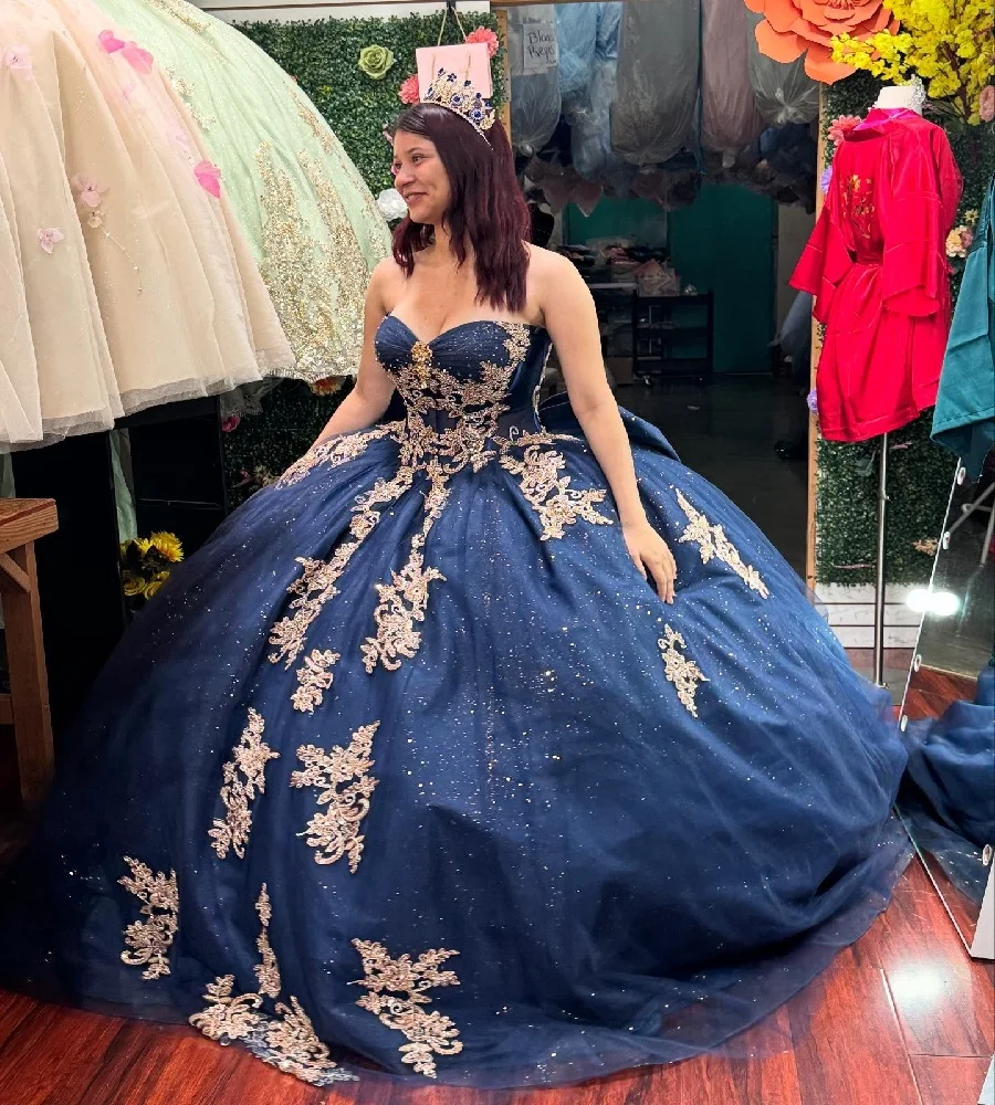 

Sparkle Blue Vestidos de 15 Quinceañera Dress With Gold Lace Luxury Corset Ball Gown Sweet 16 Dress Birthday Formal Party 2025