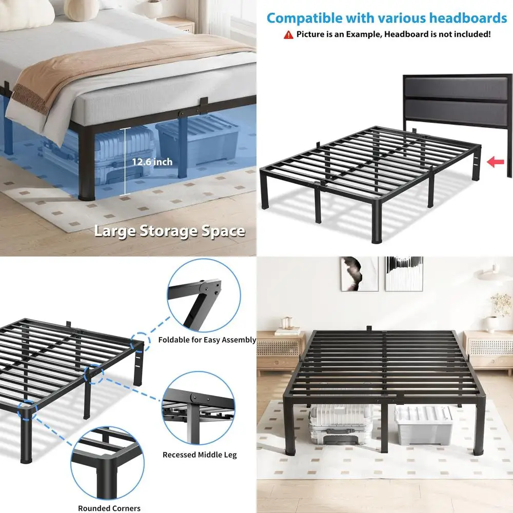 

14-дюймовая металлическая кровать-платформа полноразмерная, усиленная, с круглыми ножками, ограничителем скольжения матраса, стальной решеткой-поддержкой, не требует пружинного блока.