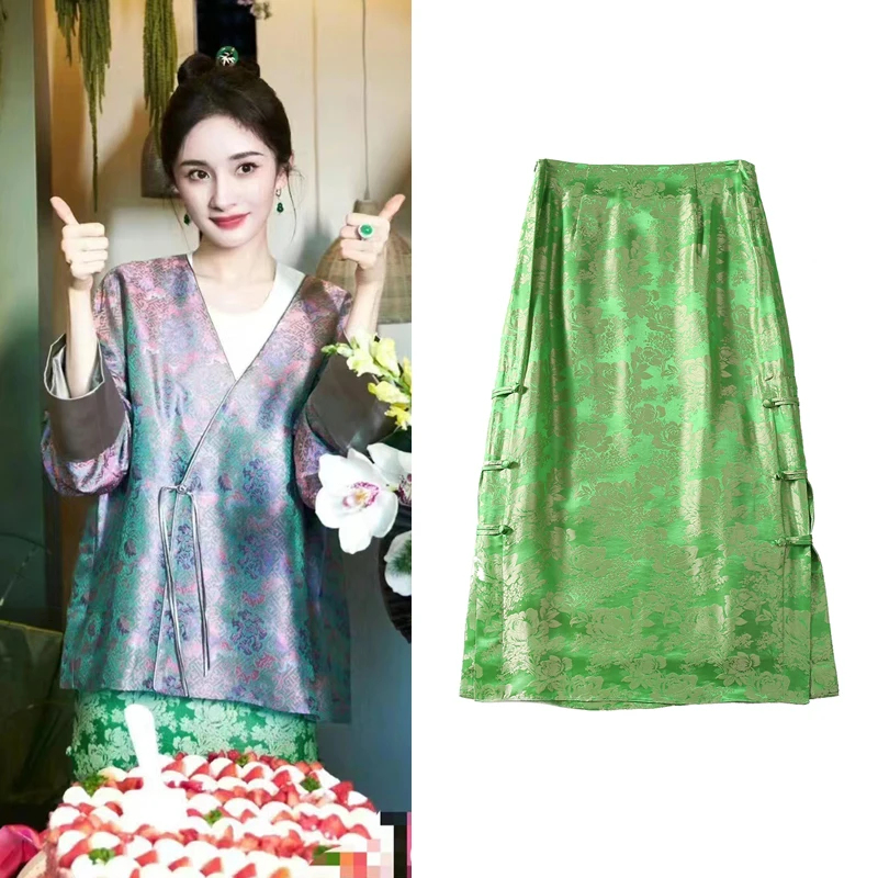 

Шелковая юбка А-силуэта миди для женщин, новая, в китайском стиле, с вышивкой пуговицами, средней посадки, 100% шелк, с цветочным принтом