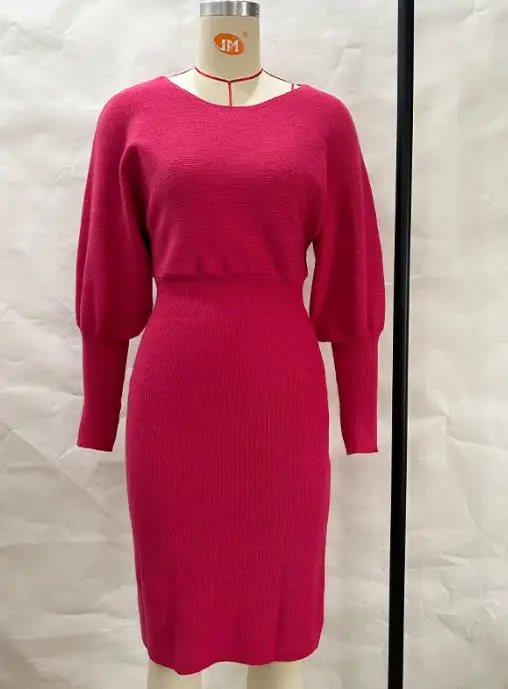 

Women's Knitted Dress with Temperament Commuting Round Neck Long Sleeve Sexy Solid High Waist Slimming Hip Wrap Dresses
