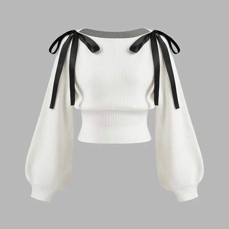 Moda Lace Up Pullover a maniche lunghe Maglieria Anni 2000 Vita estetica Tinta unita High Street Temperamento Maglione pullover casual