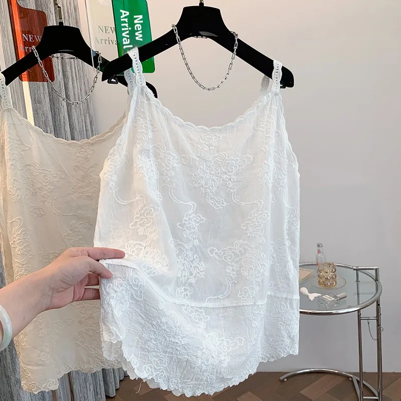 

Summer New Sle Pure Cotton Embroidered Loose Casual Inner Wear Strap Base irt Versatile Age-Defng Belly Concealing