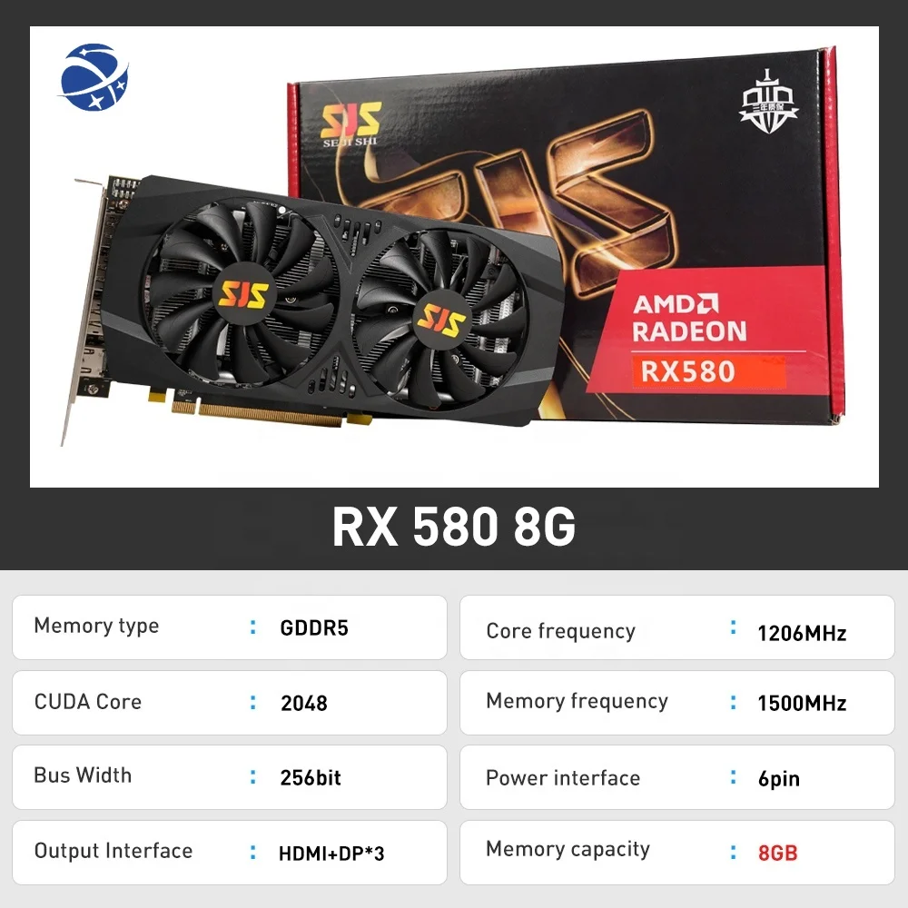 SJS Graphics Card AMD Radeon RX 580 8GB Video Card for PC Computer Gamer RX580 8G GDDR5 GPU 256Bit 2048SP