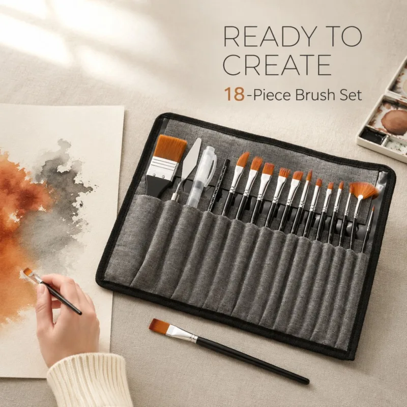 18Pcs Artist Paint Brush Set Soft Nylon Hair Flat Round Pointed Brushes with Carry Bag Watercolor Acrylic Oil Gouache Painting