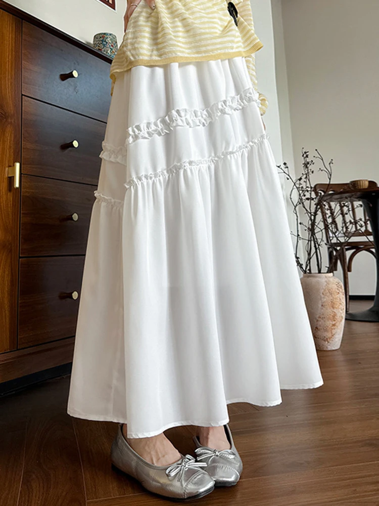 

Women Sweet White Cake Skirt Summer Loose High Waist Ruffles Chic Long Skirts Casual Preppy Style Korean Female Elegant Skirt