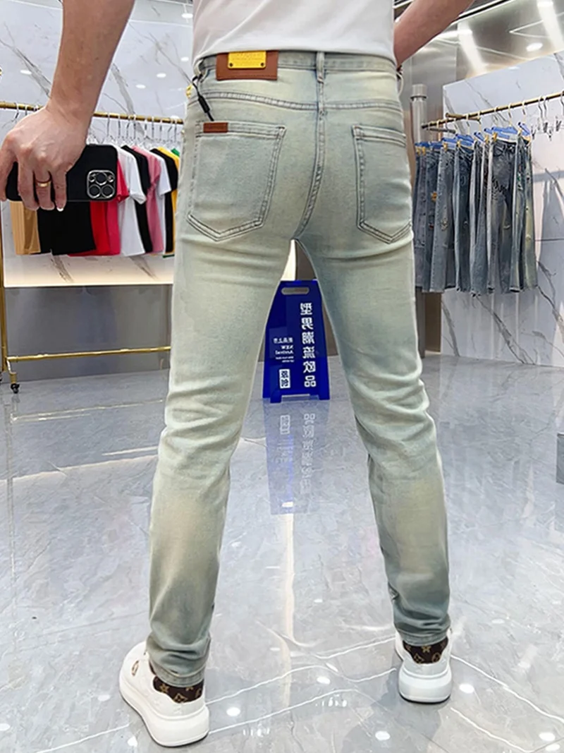 

Waed Blue Jeans Men's Slim Fit Casual Summer Faion Comfortable Thin Sle Jeans mid Waist Long Pants Youth Trend