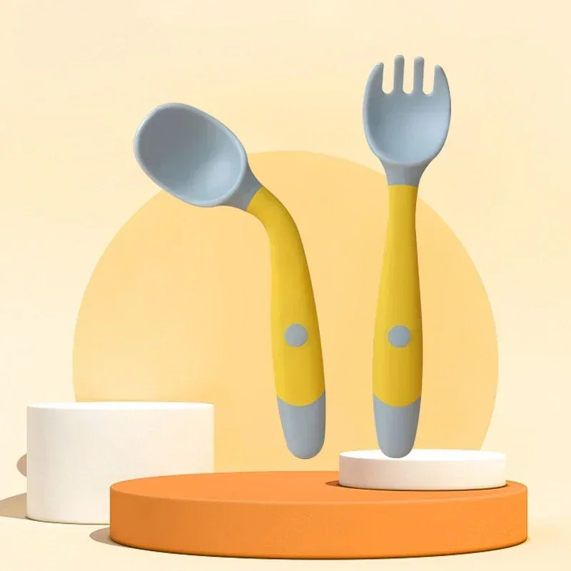 Baby Children Spoon Fork Set Soft Bendable Silicone Scoop Fork Kit Tableware Toddler Training Feeding Cutlery Utensil