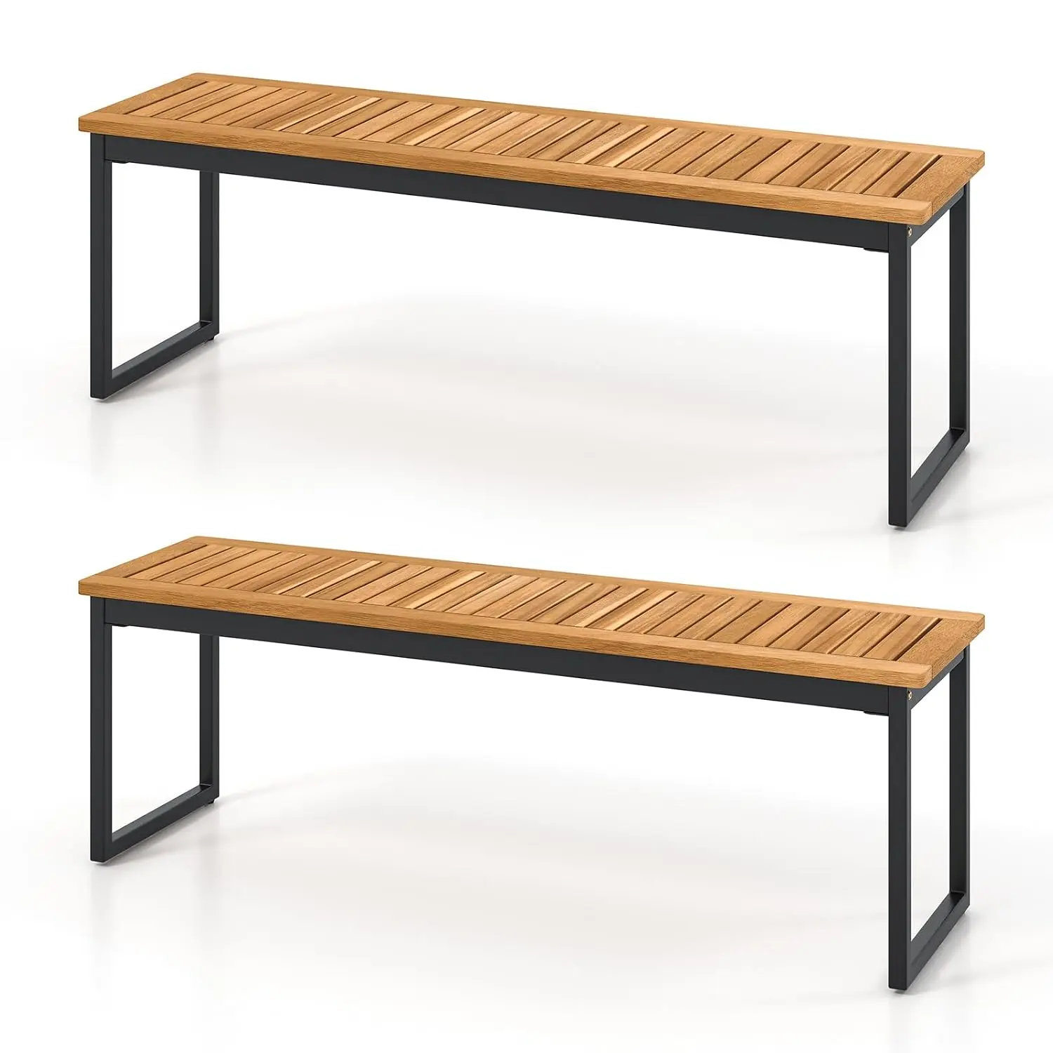Backless Patio Bench Set of 2, Slatted Seat & Metal Legs, Indoor Outdoor Entryway Porch Garden Kitchen Seat, Customized