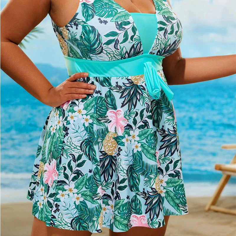 Hot Tropical Print Fashion Two-Piece Vest, Bow Tie Front Skirt Boxer Short Bottom Women's Swimsuit