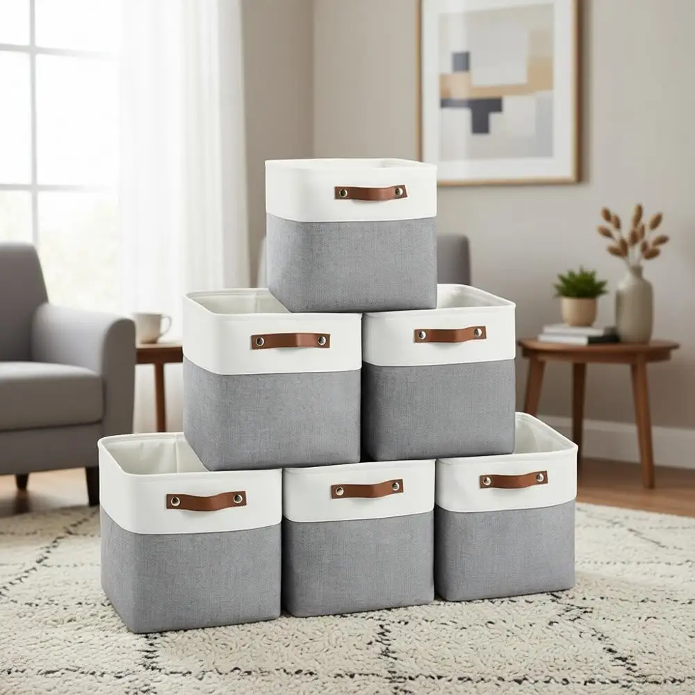 

Набор из 6 корзин для хранения кубической формы 11x11 дюймов с кожаными ручками - белый/серый
