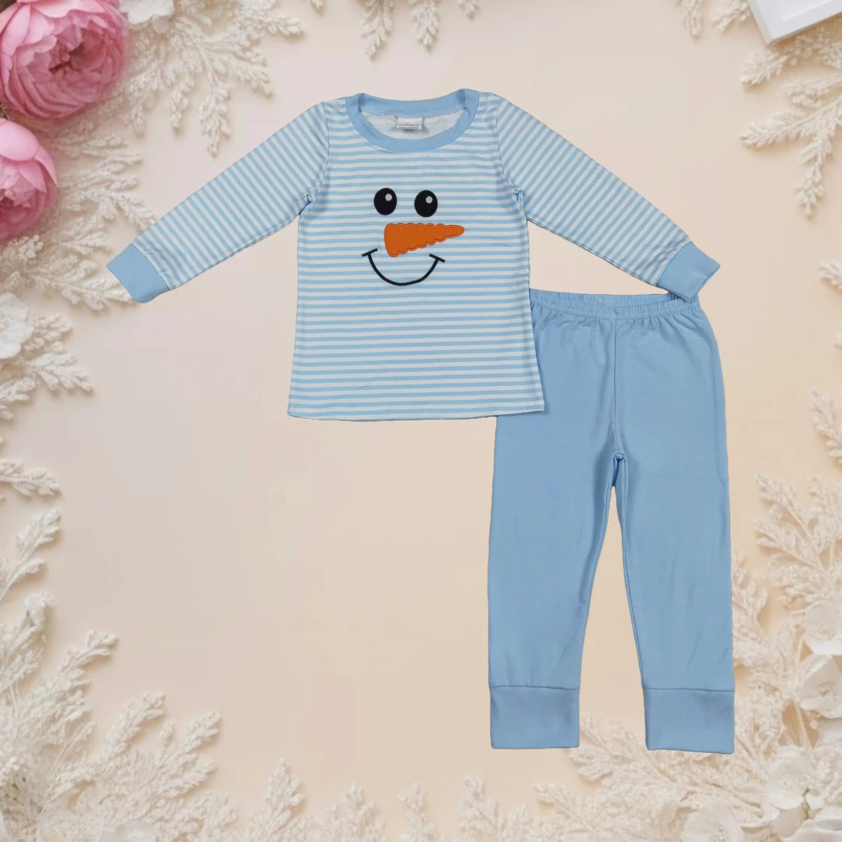 

Boy 2Pcs Set Baby Pajamas Long Sleeve Winter Sets Outfit Toddler Cute Cozy Stripe Embroidery Snowman Tops Pant Children Clothing