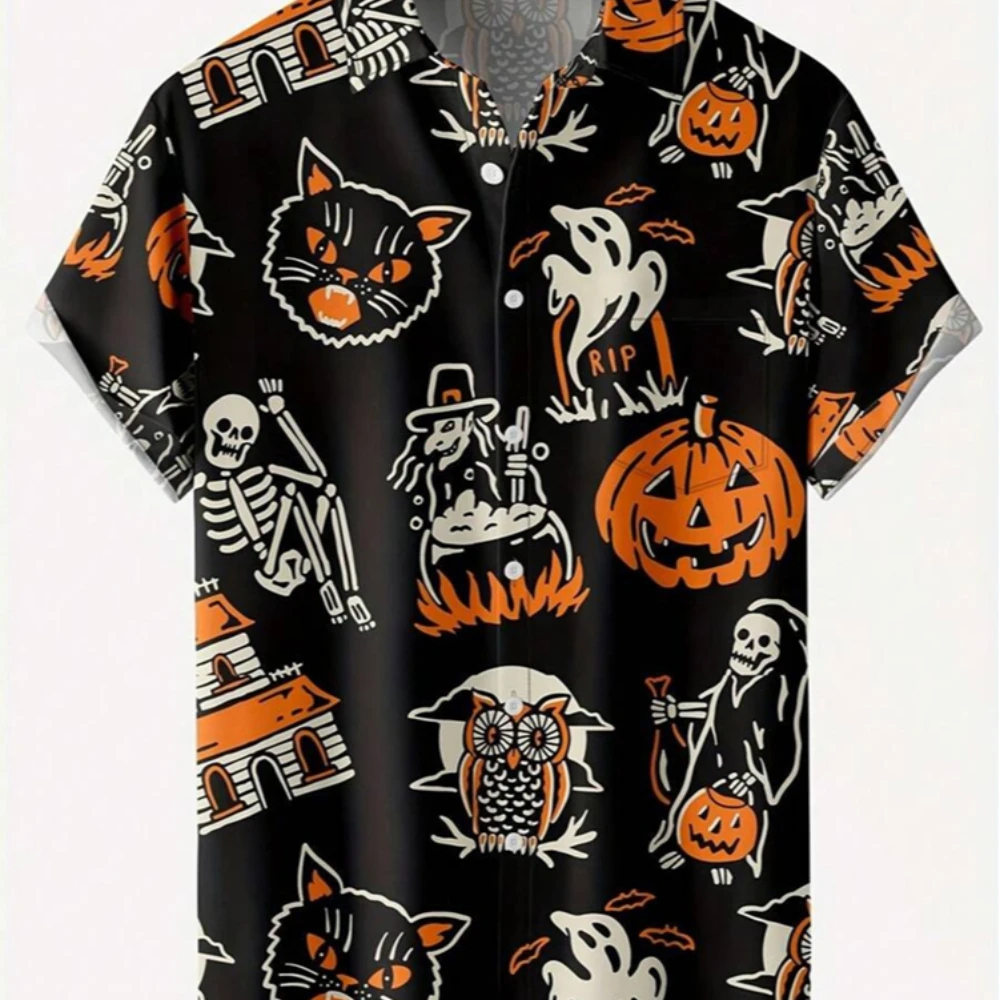 

Men's Short Sleeved Shirt Halloween Print Lines Vintage Style Hawaiian Shirt Fashionable And Casual Men's Large-sized Shirt